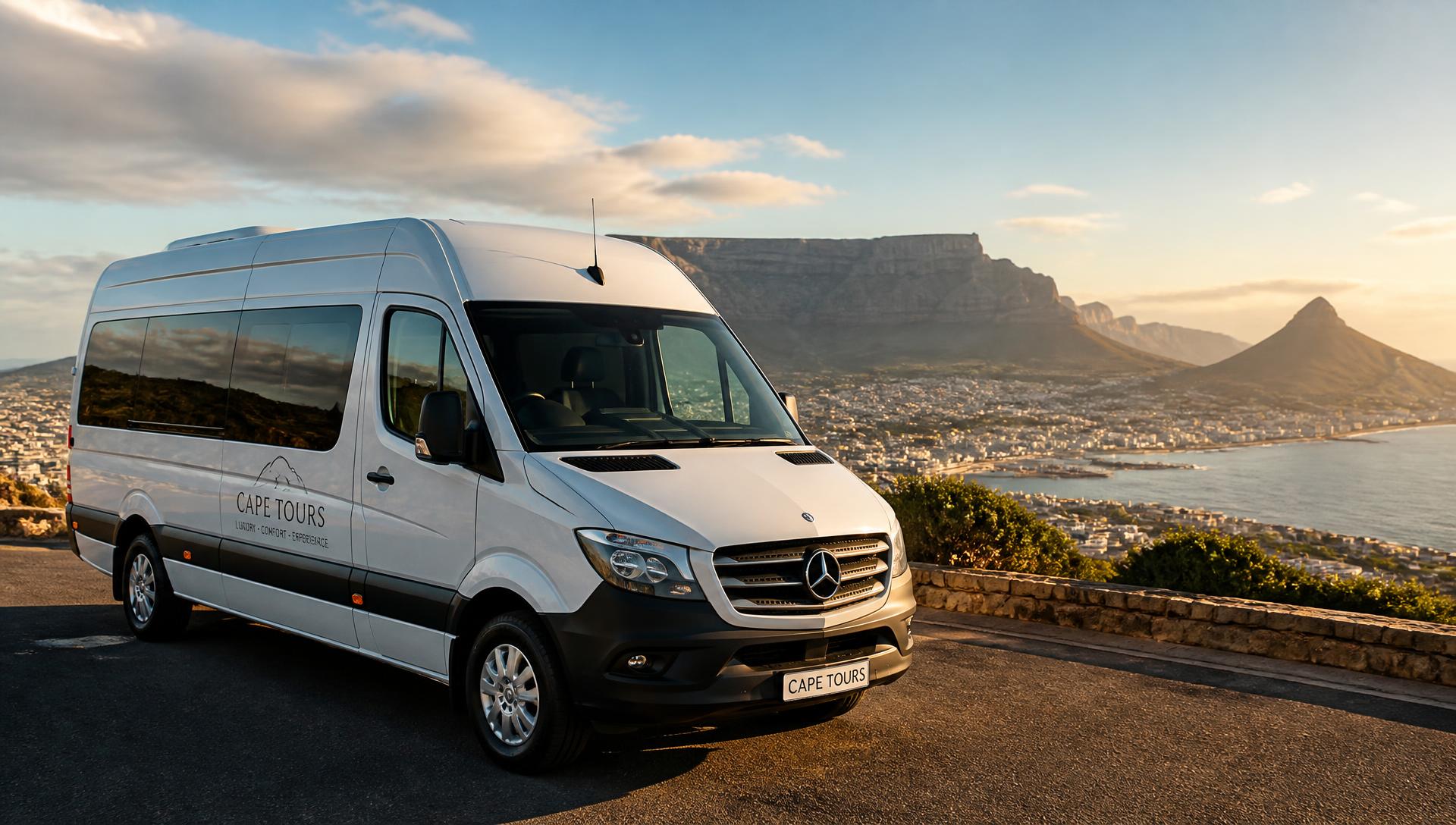Premium tour vehicle overlooking Table Mountain and the Cape Town coastline